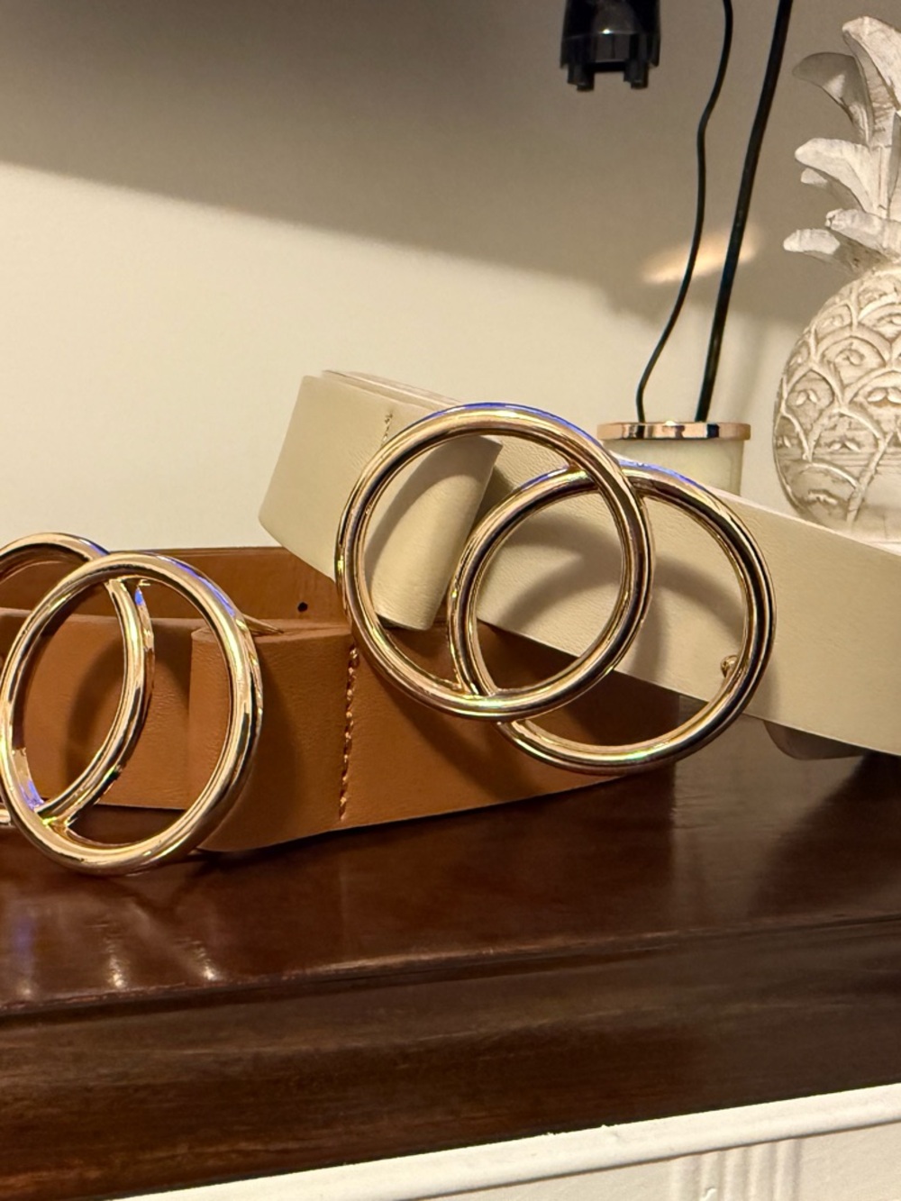 Plus Size Double-Ring Leather Belt Set - Cream and Cognac with Gold Buckle